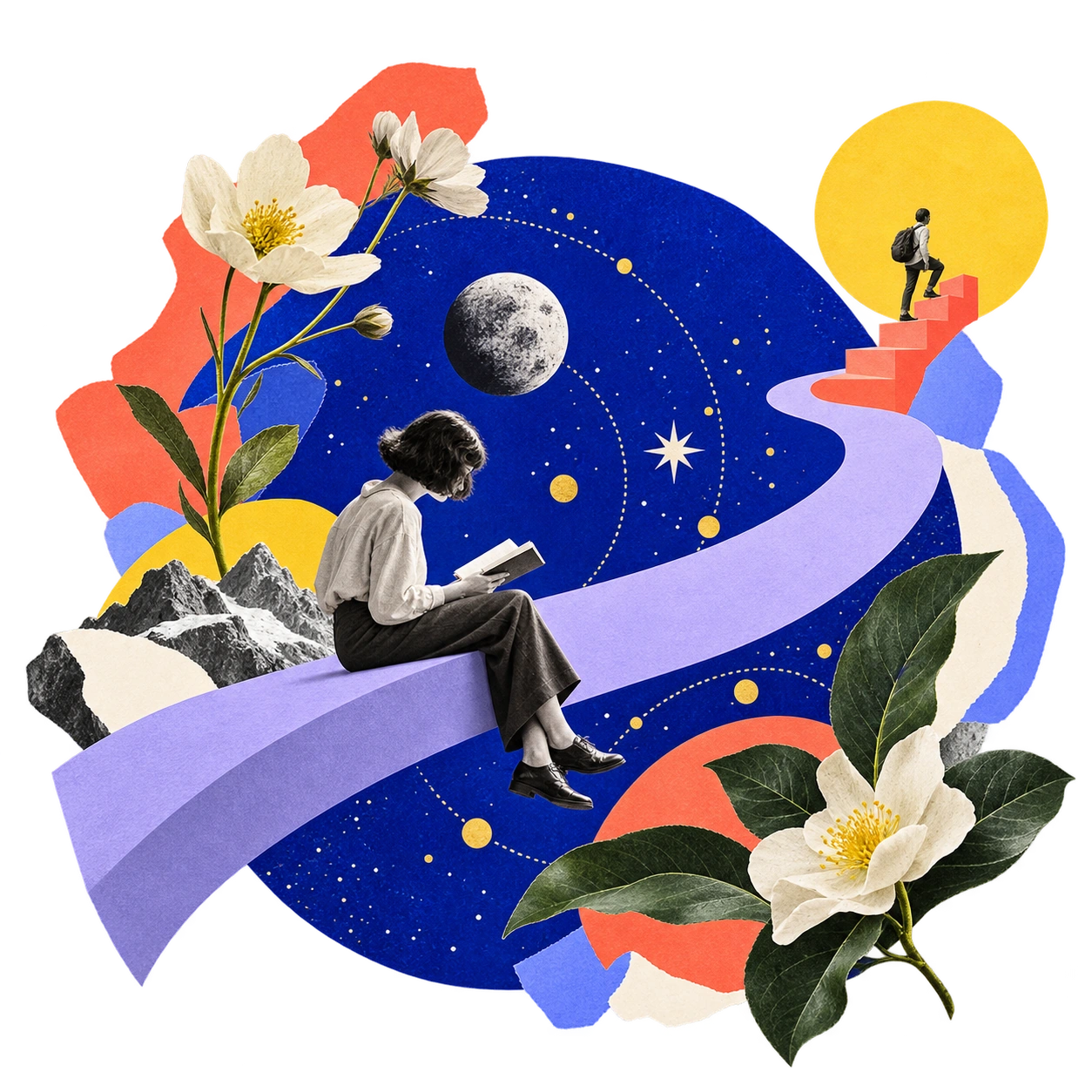 Surreal Frequency collage: black-and-white figures reading and exploring a lavender ribbon across a cobalt celestial world, with coral steps, yellow sun and botanical cutouts.